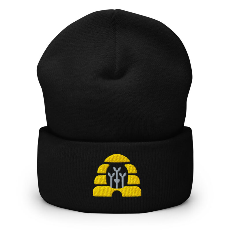 Black cuffed WTS Beehive Beanie with the beehive embroidered on the cuff in gold thread with grey sprouts