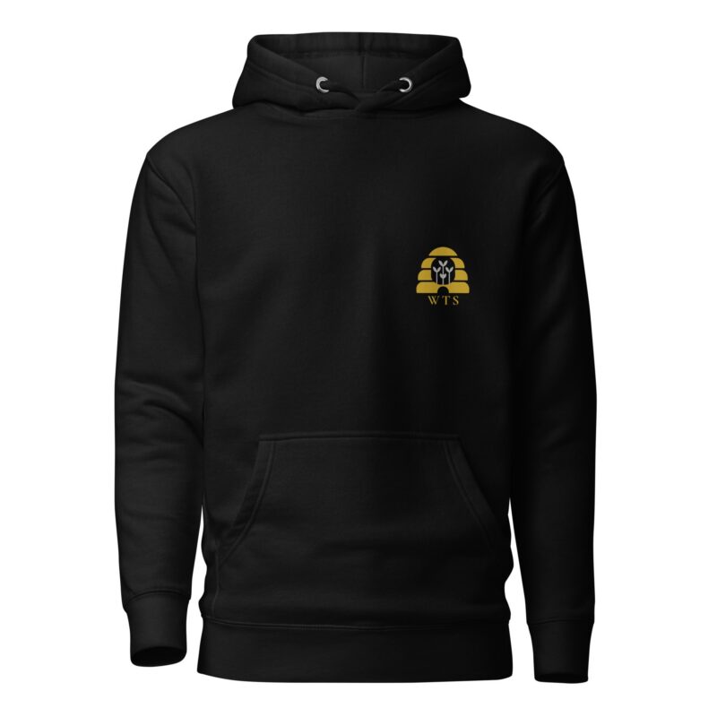 Black WTS Beehive Hoodie, front, with a small gold beehive with silver sprouts and a gold WTS on the left chest